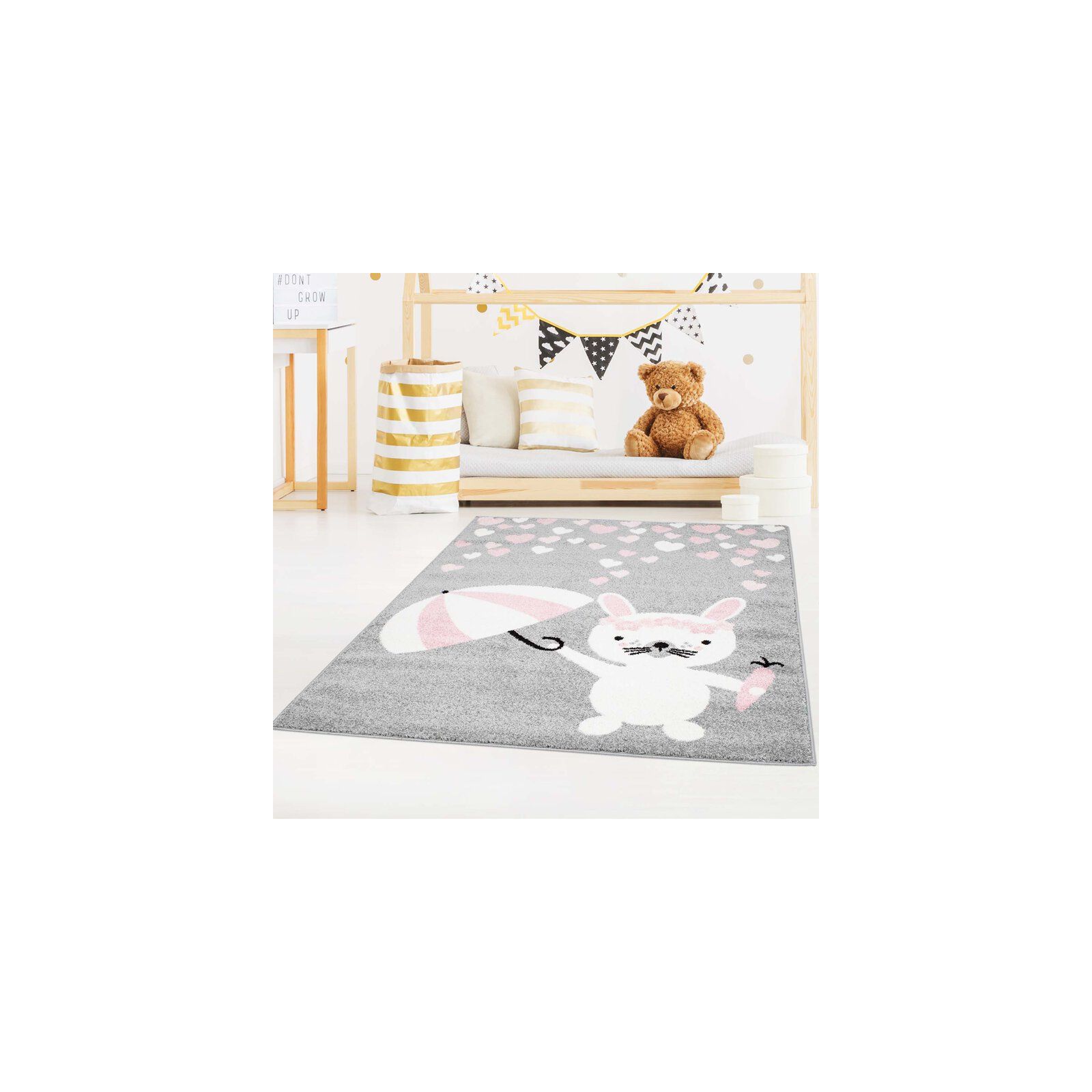 Tapis enfant Bubble lapin gris rose